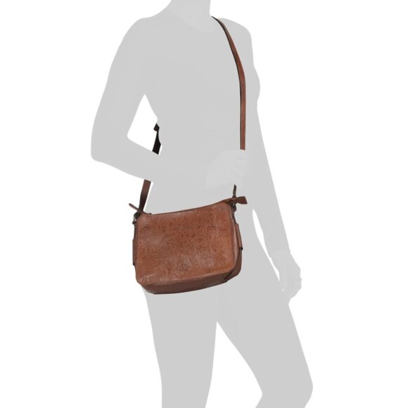 WILD WEST Cognac Leather Crossbody Bag With Gusset Belt Details - Picture 2 of 2